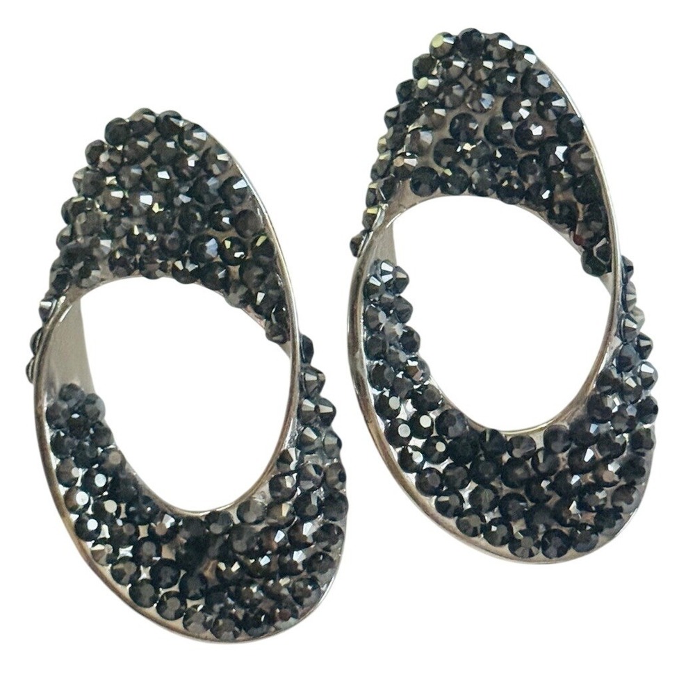 8 Other Reasons Earrings Large Drop Oval Gunmetal Jeweled Crystal Pierced Chunky